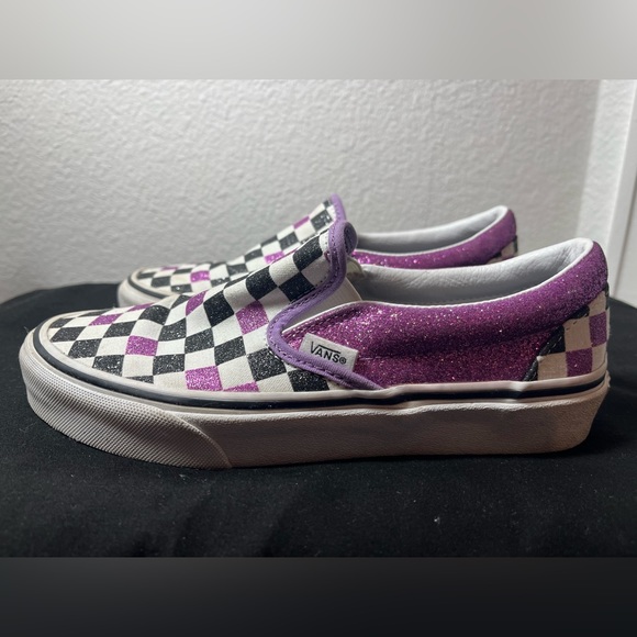 Vans Slide Ons Shoes - Sparkly Checker Purple, White, Black - Women’s Size 6 - Picture 2 of 13